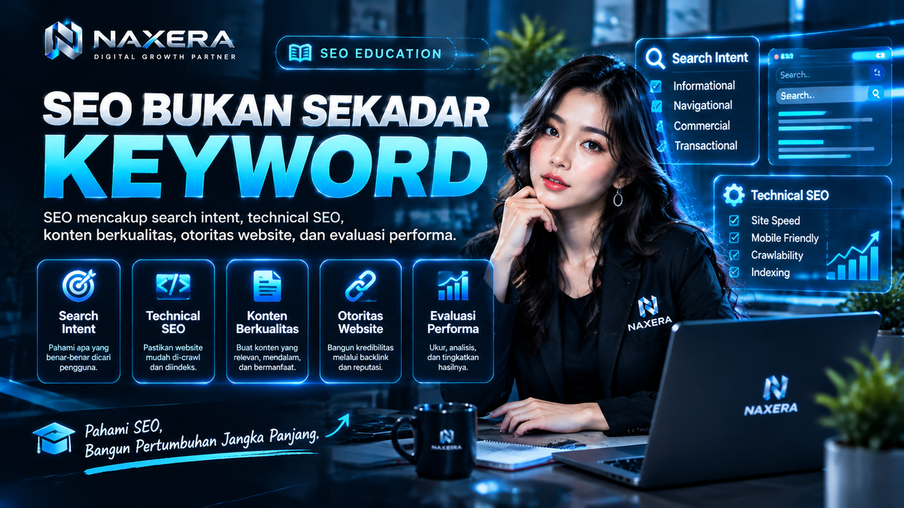 SEO mencakup niat pencarian, teknis, konten, otoritas, dan evaluasi.