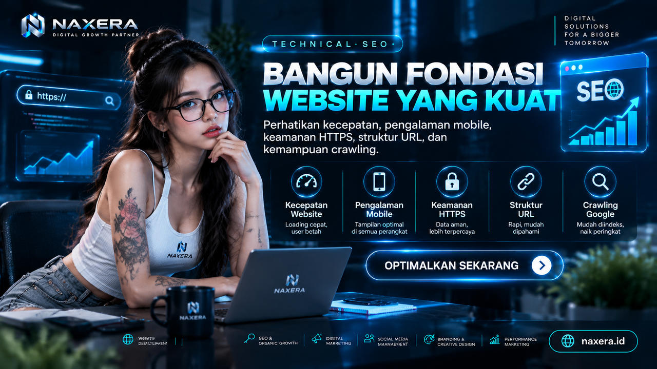 Fondasi website: kecepatan, pengalaman mobile, HTTPS, dan struktur URL.