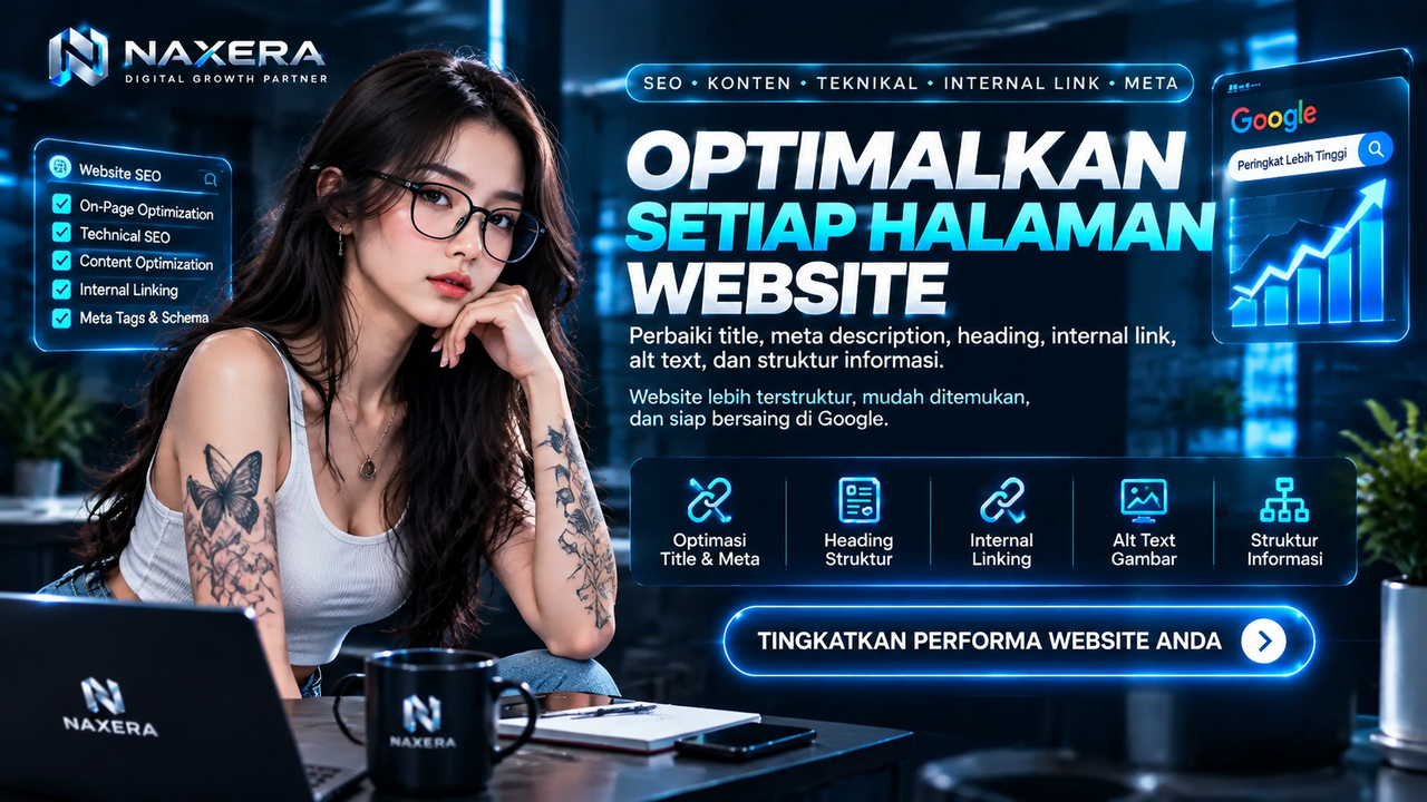 Optimasi judul, deskripsi, heading, dan tautan di setiap halaman.